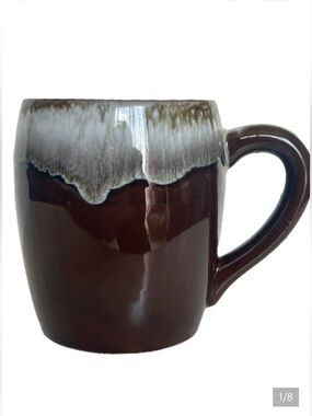 Vintage Brown White Drip Glaze Ceramic Mug Hull Pottery Coffee Tea 1960s 1970s